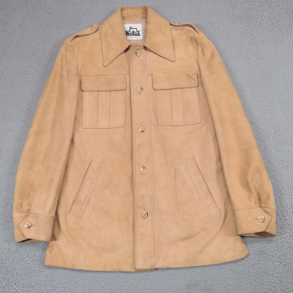 Vintage Woolrich Mens 38 Tan Leather Suede Utility Jacket 60s Safari Coat Tan